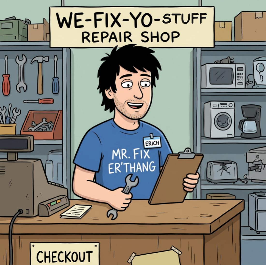 Erich behind the counter of the We-Fix-Yo-Stuff Repair Shop, wearing a Mr. Fix Er'thang shirt and an Erich name tag, holding a wrench and a clipboard.